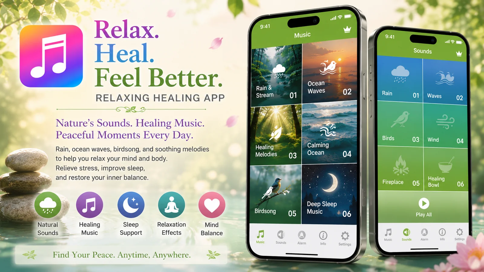 Relaxing Healing — promotional image of the sleep and relaxation sounds app