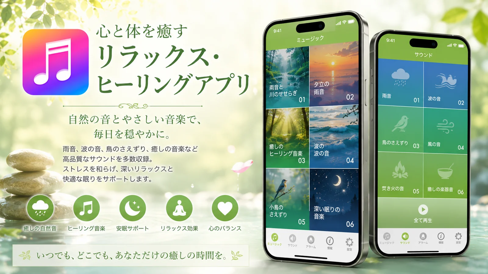 Relaxing Healing — promotional image of the sleep and relaxation sounds app